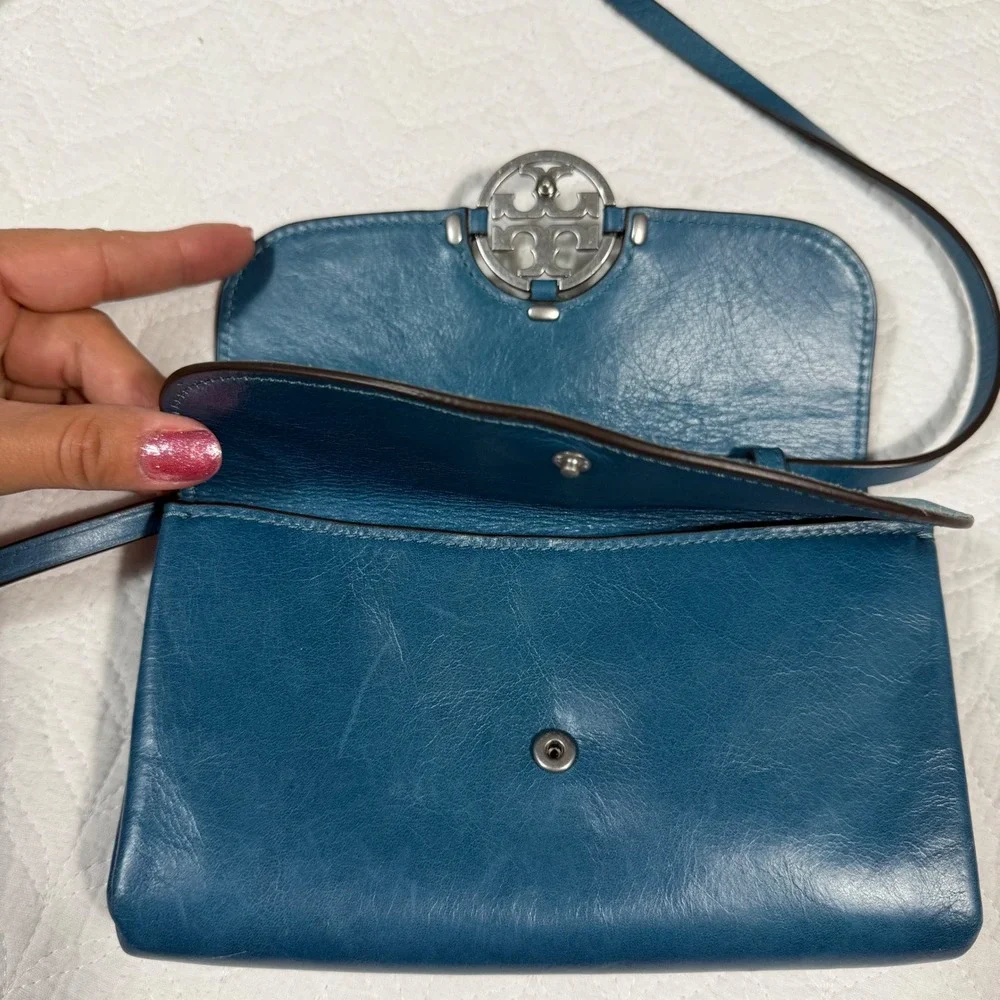 Tory‎ Burch Miller Wallet Crossbody Bag Women OS Teal Blue Leather Suede GUC